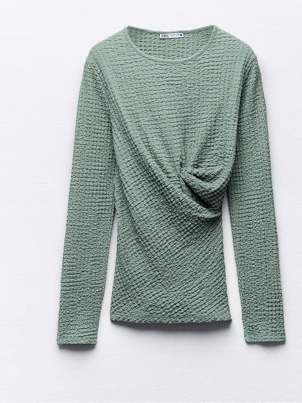 Zara Sage Green Textured Twist-Front Long Sleeve Top